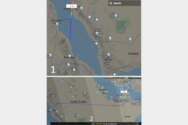 صورة 1 تظهر تحرك الطائرة نحو السعودية بتاريخ 13 أبريل/نيسان والتي هبطت الساعة الثامنة صباحا بتوقيت غرينتش. صورة 2 تظهر تحرك الطائرة من مطار الملك عبد العزيز في جدة نحو الإمارات بتاريخ 14 أبريل/نيسان والتي وصلت حوالي الساعة الثانية بعد منتصف الليل بتوقيت غرينتش