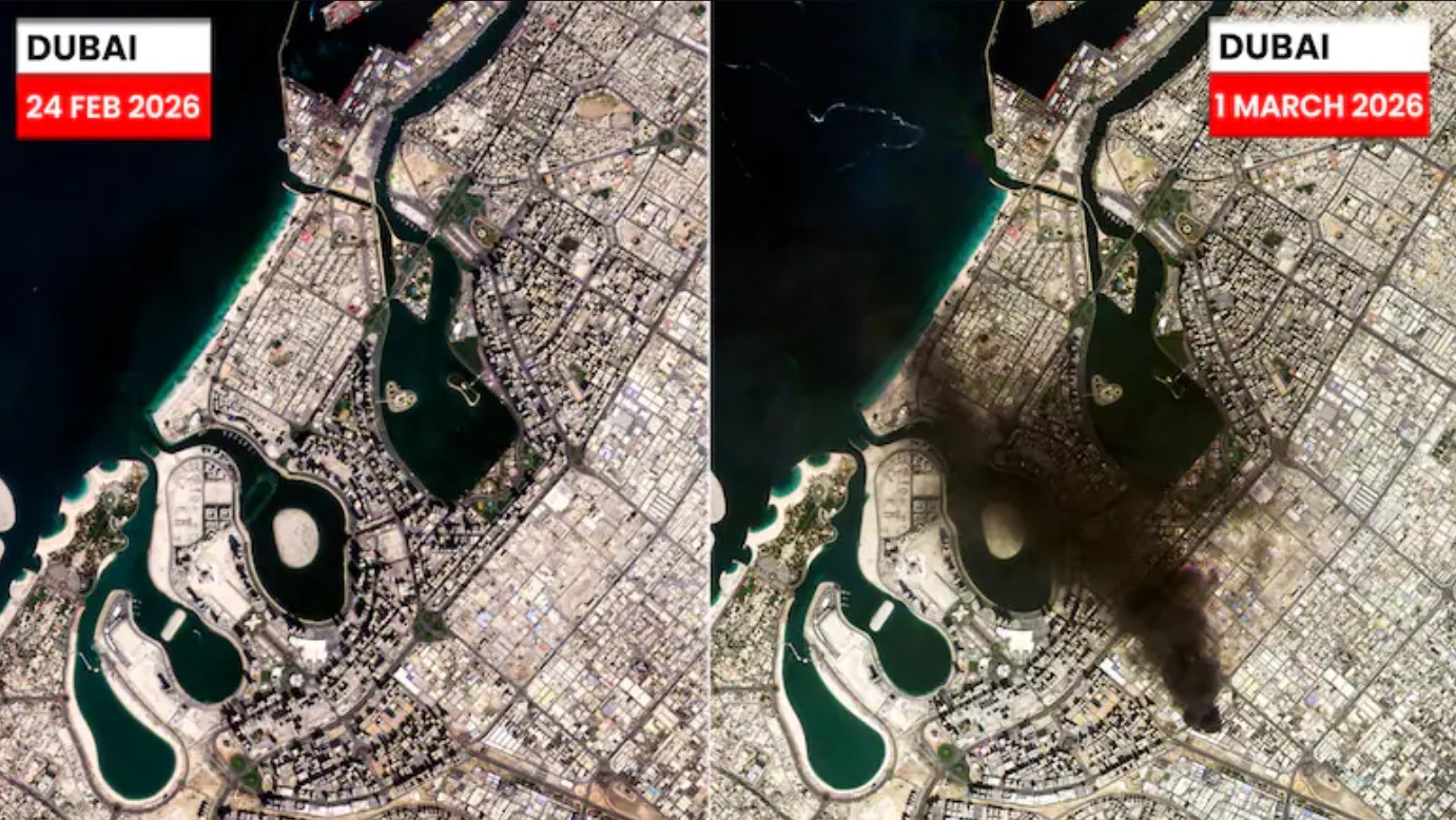 صور الأقمار الصناعية تُظهر سحب دخان كثيفة فوق دبي جراء الضربات الإيرانية